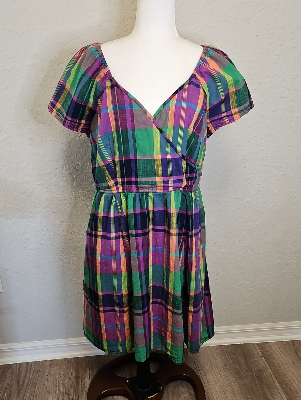 eshakti Green & Purple Plaid Dress, 1X/18W, 100% Cotton